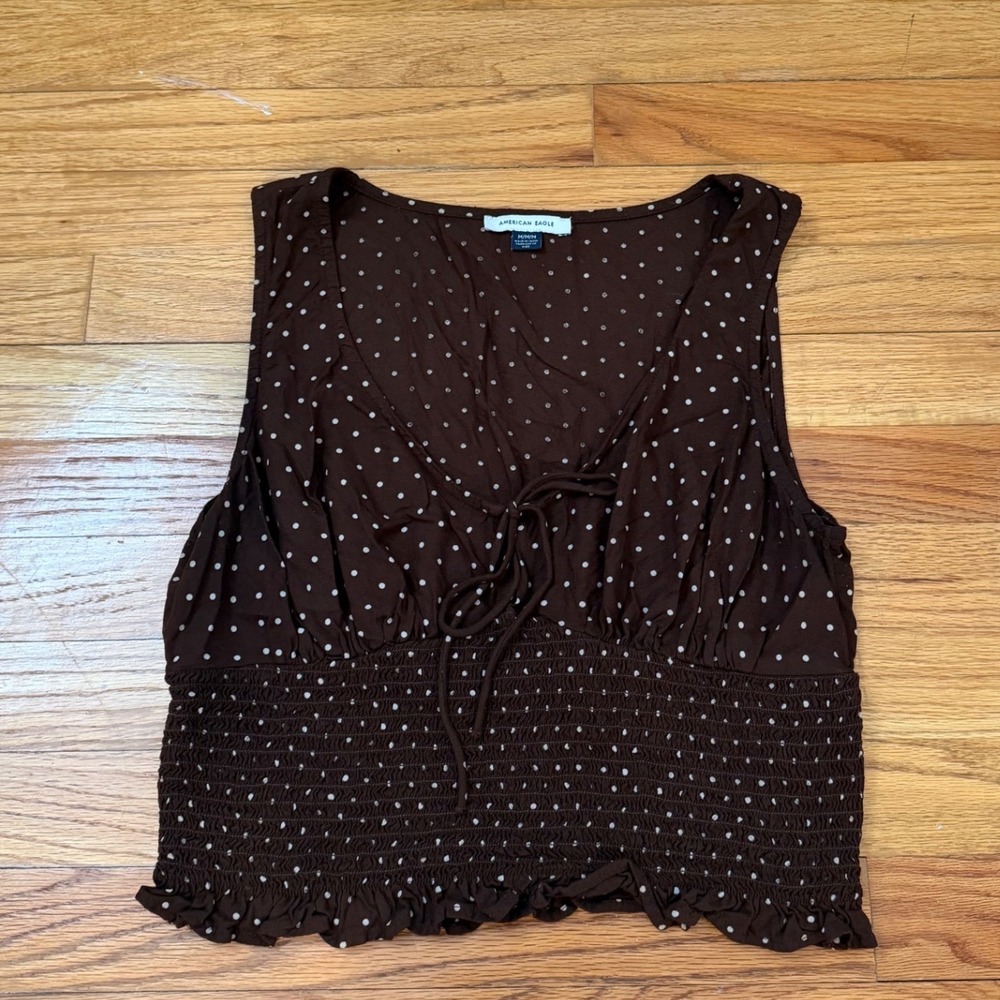 American Eagle Brown Polka Dot Smocked Waist Tie Front Sleeveless Top Womens M